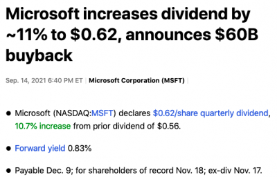 Microsoft hausse dividende 2021