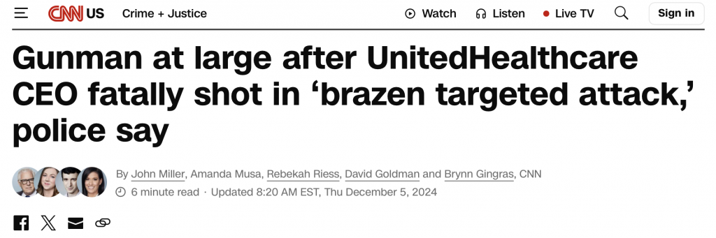 UnitedHealth CEO killed headline