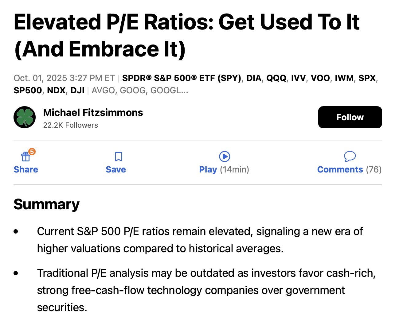 Article elevated PE ratio